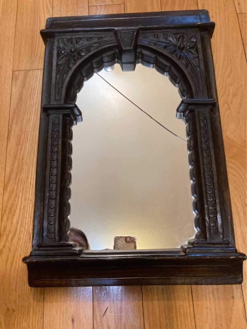 Reproduction Antique English Oak Renaissance Revival Framed Wall Mirror with Fig